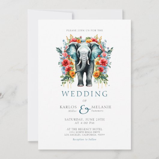 Floral Elephant Bay Blau und Weiße Hochzeit Einladung (Vorderseite)