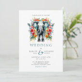 Floral Elephant Bay Blau und Weiße Hochzeit Einladung (Stehend Vorderseite)