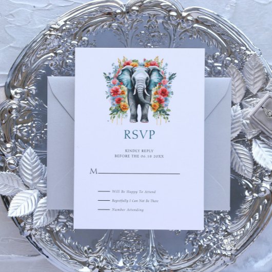 Floral Elephant Bay Blue und White RSVP Card Einladung