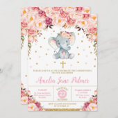 Floral Elephant Christening Taufe Girl Einladung (Vorne/Hinten)