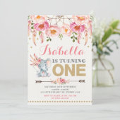 Floral Elephant Einladung Pink Gold Boho Geburtsta (Stehend Vorderseite)