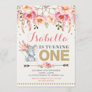 Floral Elephant Einladung Pink Gold Boho Geburtsta