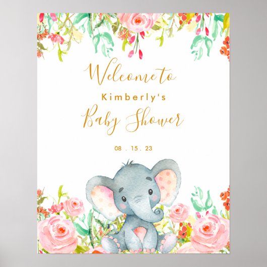 Floral Elephant Girl Baby Dusche Begrüßungszeichen Poster (Vorne)
