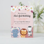 Floral Elephant Lion Zebra Einladung zum 1. Geburt (Stehend Vorderseite)