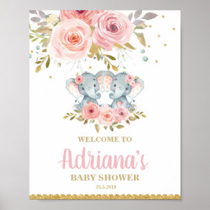Floral Elephant Twin Girls Babydusche Willkommen Poster