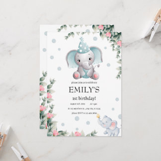 Floral Elephant Wild Ein 1. Geburtstagskind Einladung