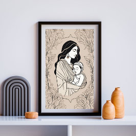 Floral Embrace Mother and Baby Line Art Print Poster