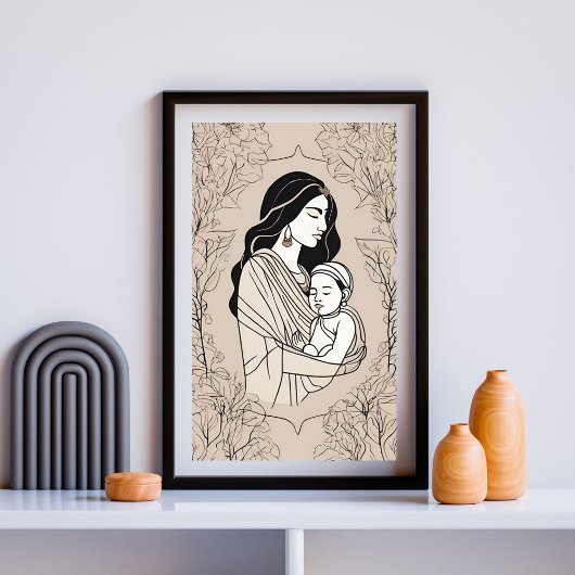 Floral Embrace Mother and Baby Line Art Print Poster