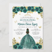 Floral Emerald Gold Butterfly Princess Quinceanera Einladung (Vorderseite)