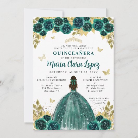 Floral Emerald Gold Butterfly Princess Quinceanera Einladung (Vorderseite)