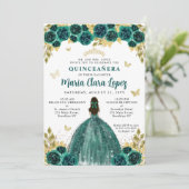 Floral Emerald Gold Butterfly Princess Quinceanera Einladung (Stehend Vorderseite)
