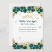 Floral Emerald Gold Butterfly Princess Quinceanera Einladung (Rückseite)