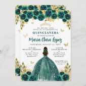 Floral Emerald Gold Butterfly Princess Quinceanera Einladung (Vorne/Hinten)