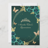 Floral Emerald Gold Tiara Butterfly Quinceañera Einladung (Rückseite)