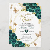 Floral Emerald Gold Tiara Butterfly Quinceañera Einladung (Vorne/Hinten)