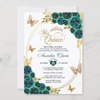 Floral Emerald Gold Tiara Butterfly Quinceañera Einladung
