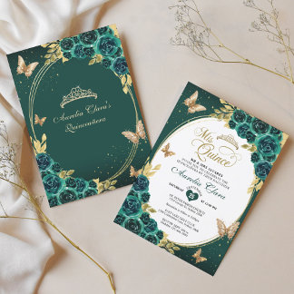 Floral Emerald Gold Tiara Butterfly Quinceañera Einladung