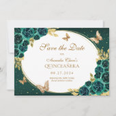 Floral Emerald Gold Tiara Butterfly Quinceañera Save The Date (Vorderseite)