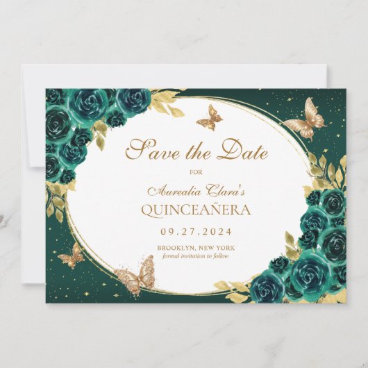 Floral Emerald Gold Tiara Butterfly Quinceañera Save The Date (Vorderseite)