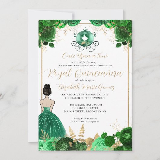 Floral Emerald Green Ainderella Royal Quinceanera Einladung (Vorderseite)