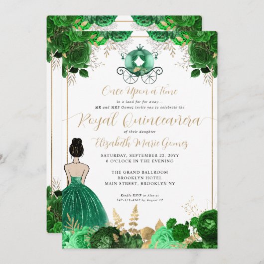 Floral Emerald Green Ainderella Royal Quinceanera Einladung (Vorne/Hinten)