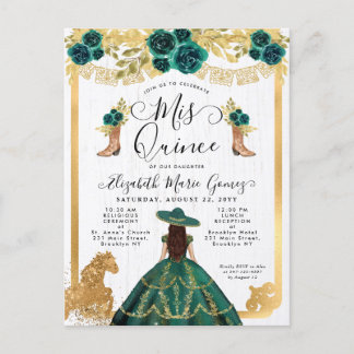 Floral Emerald Green Charra Princess Quinceanera Einladungspostkarte