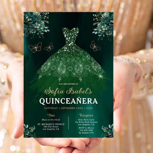 Floral Emerald Green Dress Birthday Quinceanera Einladung