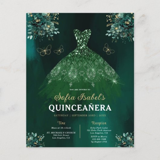 Floral Emerald Green Dress Birthday Quinceanera Flyer (Vorne)