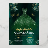 Floral Emerald Green Dress Birthday Quinceanera Folieneinladung (Vorderseite)