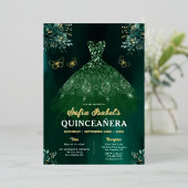 Floral Emerald Green Dress Birthday Quinceanera Folieneinladung (Stehend vorne)