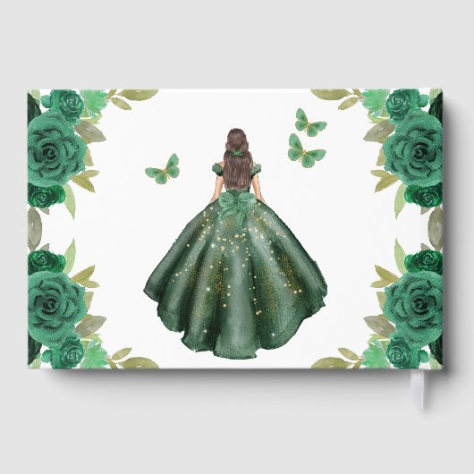 Floral Emerald Green Dress Birthday Quinceanera Gästebuch (Rückseite)