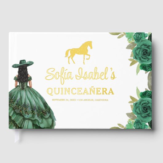 Floral Emerald Green Dress Birthday Quinceanera Gästebuch (Vorderseite)
