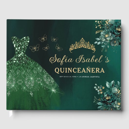 Floral Emerald Green Dress Birthday Quinceanera Gu Gästebuch (Vorderseite)