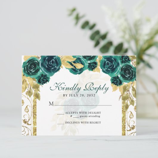 Floral Emerald Green Gold Arch Quinceañera RSVP Karte (Stehend Vorderseite)