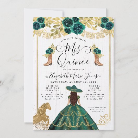 Floral Emerald Green Gold Boots Horse Quinceanera Einladung (Vorderseite)