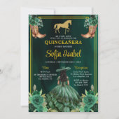 Floral Emerald Green Gold Boots Horse Quinceanera Einladung (Vorderseite)