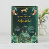 Floral Emerald Green Gold Boots Horse Quinceanera Einladung (Stehend Vorderseite)