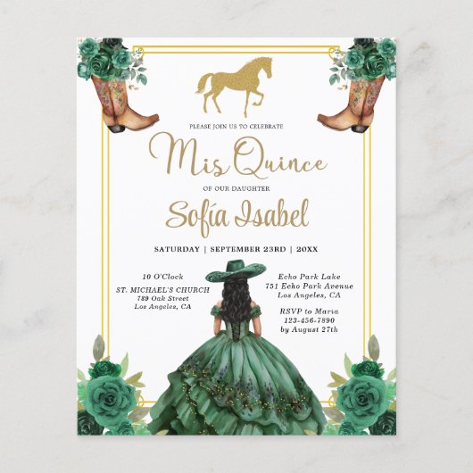 Floral Emerald Green Gold Boots Horse Quinceanera Flyer (Vorne)