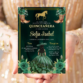 Floral Emerald Green Gold Boots Horse Quinceanera Folieneinladung
