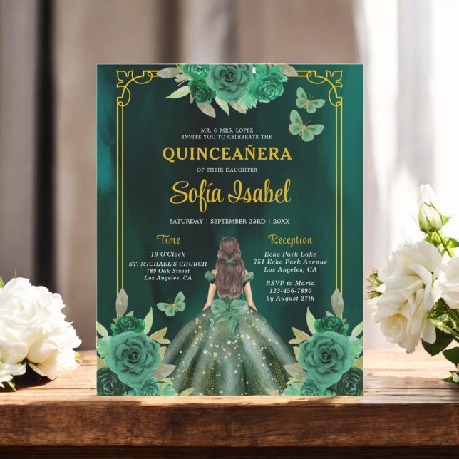 Floral Emerald Green Gold Butterfly Quinceanera (Von Creator hochgeladen)