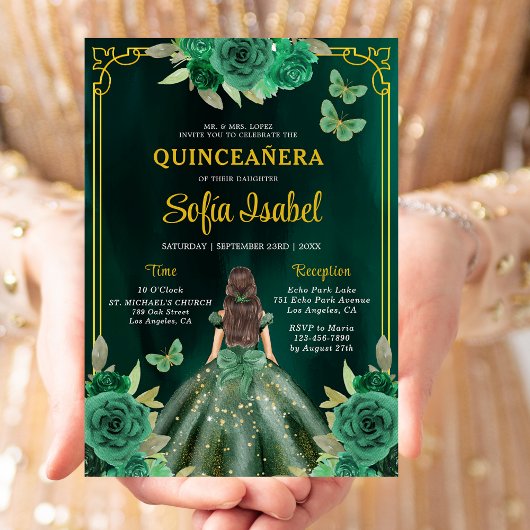 Floral Emerald Green Gold Butterfly Quinceanera Einladung