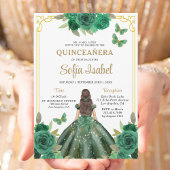 Floral Emerald Green Gold Butterfly Quinceanera Einladung