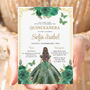 Floral Emerald Green Gold Butterfly Quinceanera Einladung