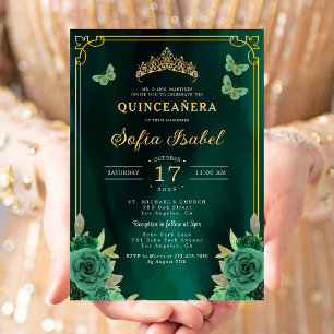 Floral Emerald Green Gold Butterfly Quinceanera Einladung