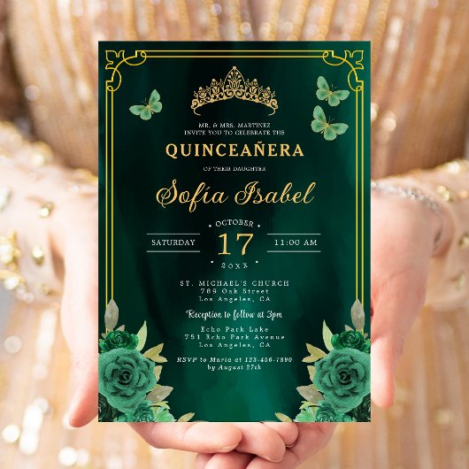 Floral Emerald Green Gold Butterfly Quinceanera Einladung