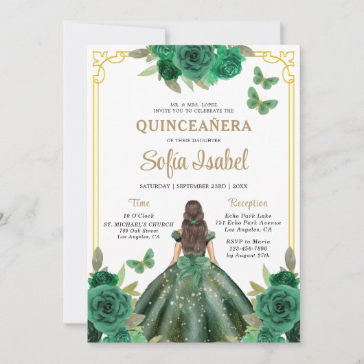 Floral Emerald Green Gold Butterfly Quinceanera Einladung (Vorderseite)