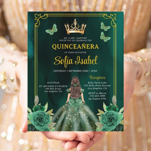 Floral Emerald Green Gold Butterfly Quinceanera Flyer