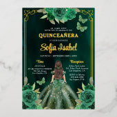 Floral Emerald Green Gold Butterfly Quinceanera Folieneinladung (Vorderseite)