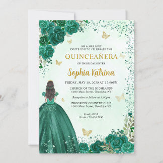 Floral Emerald Green Gold Princess Quinceanera Einladung