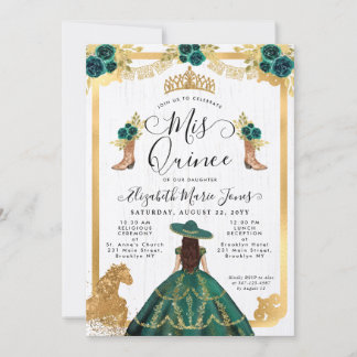 Floral Emerald Green Gold Tiara Charra Quinceanera Einladung